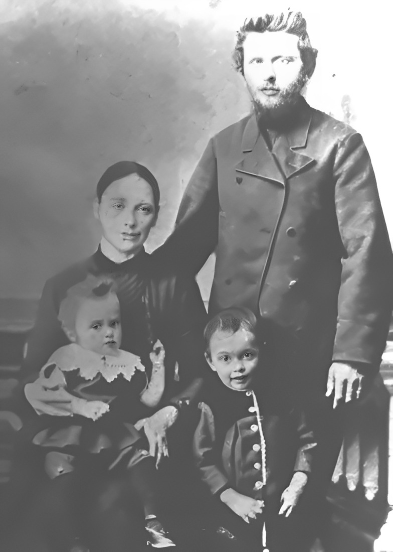 Mads Gransgaard Nielsen and Karen Marie Pedersen with their sons Erik (standing) and Karl, in Denmark in 1890. Mads died that December; their third son, Mads, was born the next spring.